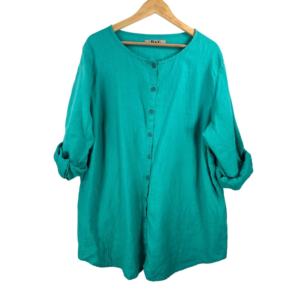 FLAX Linen Button Down Tunic Teal Green Roll Tab Sleeve Lagenlook Top